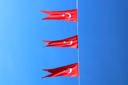 Turkish flags hanging on a rope on the street.の写真素材