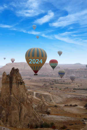 Flying hot air balloons in Cappadocia. The year 2024 is on the balloon. new year conceptの写真素材