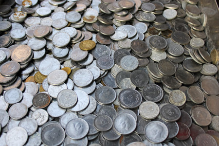 Pile of copper antique coins.の写真素材