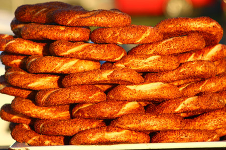 Turkish bagels arranged in a row.