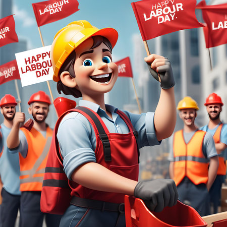Happy labor day concept. Cheerful boy in hardhat holding banner with labor day text.の素材