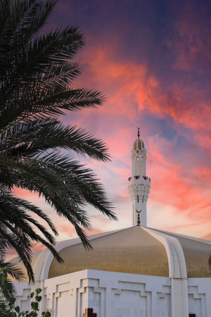 Hasan En Any Mosque minaret and palm tree. Night in Jeddah. Islamic architecture. Saudi Arabia.