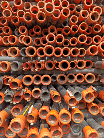 a pile of orange pipes with the words water supply on the bottom.の写真素材