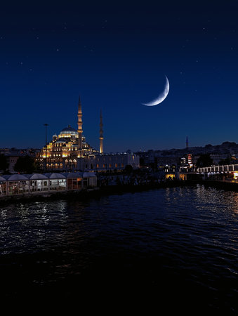 istanbul eminonu mosque with a crescent moonの写真素材