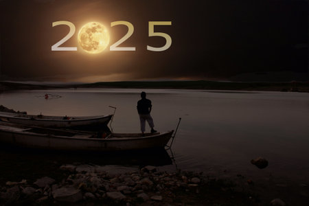 Man watching the bear from the boat by the lake. full moon at top of sky and abstract background.の写真素材
