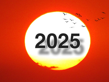 Transition from 2024 to new year 2025 concept with text on sun rising sky. Creative Concept.