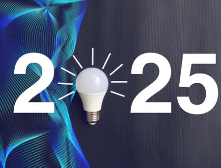 2025 created from led light bulb on background. New Year Concept. happy new year 2025. Creativity inspiration ,planning ideas conceptの写真素材