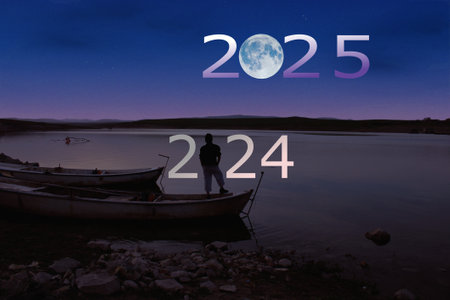 Man watching the bear from the boat by the lake. full moon at top of sky and abstract background.の写真素材