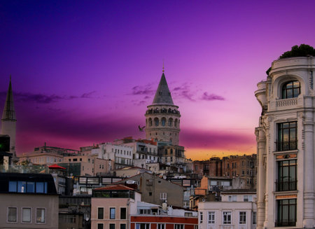 Istanbul Galata Tower and dramatic sunsetの写真素材
