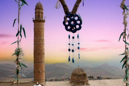Mardin, Turkey at Sunset with Birds, Mosque and Minaretの写真素材