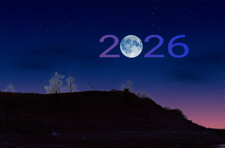 full moon at top of sky and number 2026 abstract background. Happy new year and holiday concept.の写真素材