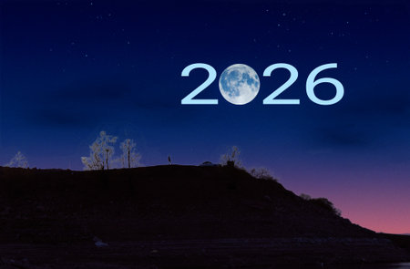 full moon at top of sky and number 2026 abstract background. Happy new year and holiday concept.
