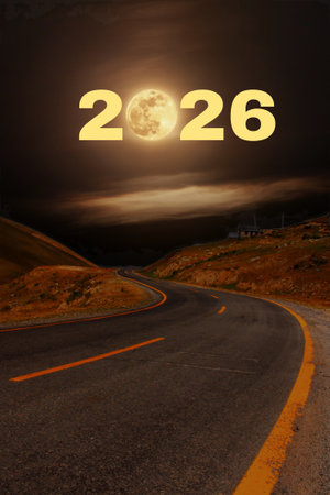 2026 new year concept. sign on the road. 2024 new year concept with moon.