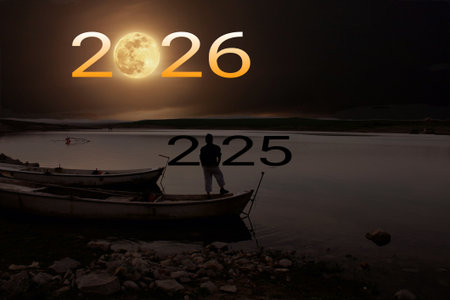 Man watching the bear from the boat by the lake. full moon at top of sky and number 2026 abstract background.の写真素材