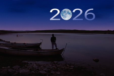 Man standing by the lake at night with boats. full moon at top of sky and number 2026 abstract background.の写真素材