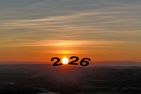 Happy New Year 2026 Idea. Transition from 2025 to new year 2026 concept with text on sun rising sky. Creative Concept.の写真素材