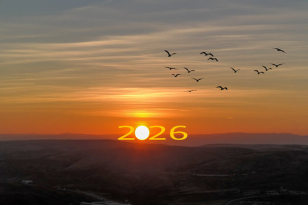 Happy New Year 2026 Idea. Transition from 2025 to new year 2026 concept with text on sun rising sky. Creative Concept.の写真素材