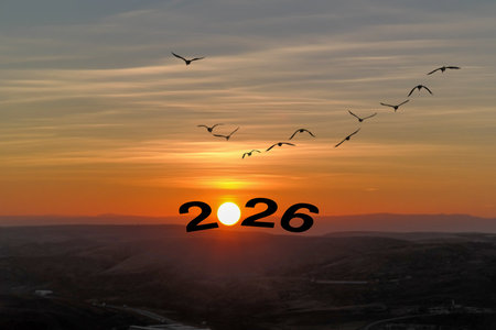 Happy New Year 2026 Idea. Transition from 2025 to new year 2026 concept with text on sun rising sky. Creative Concept.の写真素材