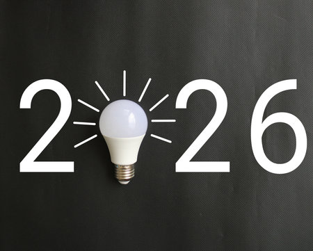 2026 created from led light bulb on black background. Creativity inspiration ,planning ideas concept