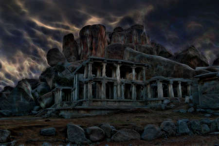India. Hampi. The ruins of the old church before the stormの写真素材