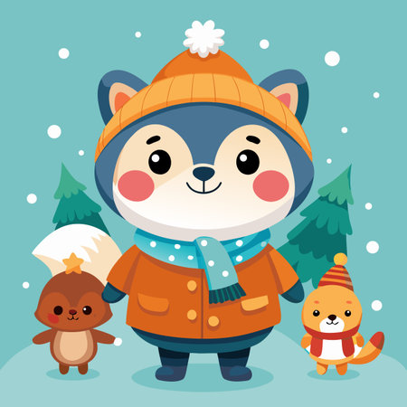 cute raccoon with winter clothes and animals vector illustration graphic designのイラスト素材