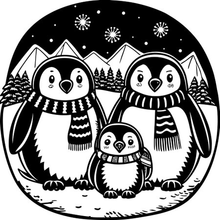 Black and White Cartoon Illustration of Cute Penguin Family Animal Characters for Coloring Bookのイラスト素材