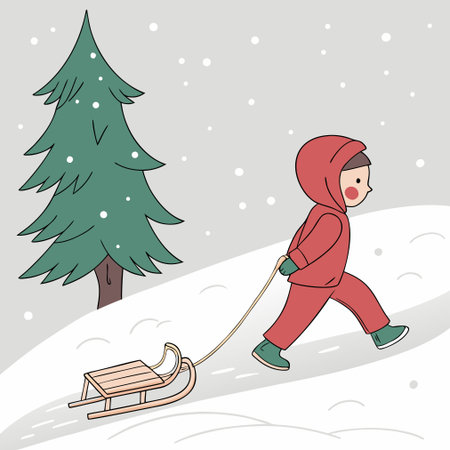 Illustration of a boy pulling a sled with a Christmas tree in the backgroundのイラスト素材