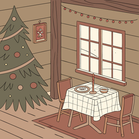 Christmas interior with a table, chairs and a Christmas tree. Vector illustrationのイラスト素材
