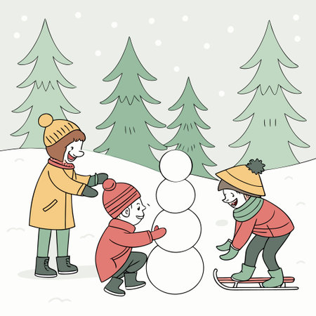 Children making snowman in winter park. Vector illustration in hand drawn style.のイラスト素材