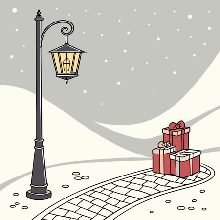 Vector illustration of a winter street with a lantern, gift boxes and snowのイラスト素材