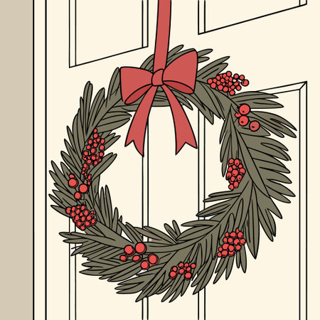Christmas wreath with red berries and red bow. Vector illustration.のイラスト素材