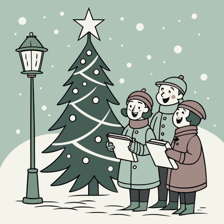 Vector illustration of a happy family with a Christmas tree and a lanternのイラスト素材