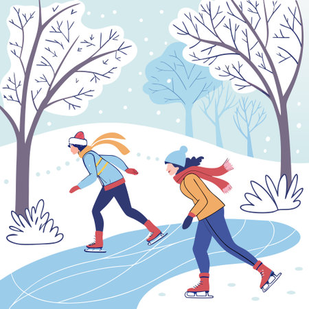 Vector illustration of a couple ice skating in the park. Winter sports.のイラスト素材