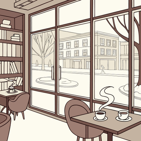Illustration of a cozy coffee shop with a view from the windowのイラスト素材