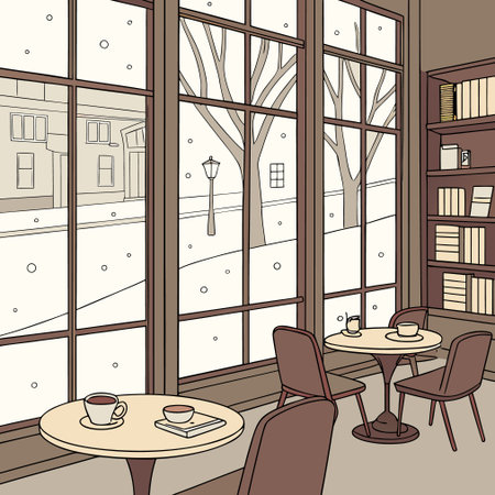 Illustration of a cafe interior with a view of the winter landscapeのイラスト素材