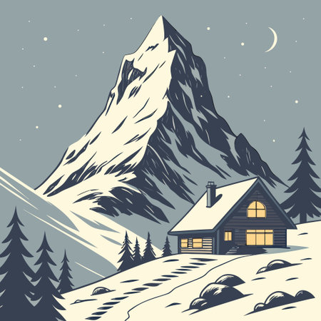 Cottage on the background of snowy mountains. Vector illustration in retro style.のイラスト素材