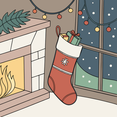Vector illustration of Christmas sock with gifts in front of the fireplace.のイラスト素材