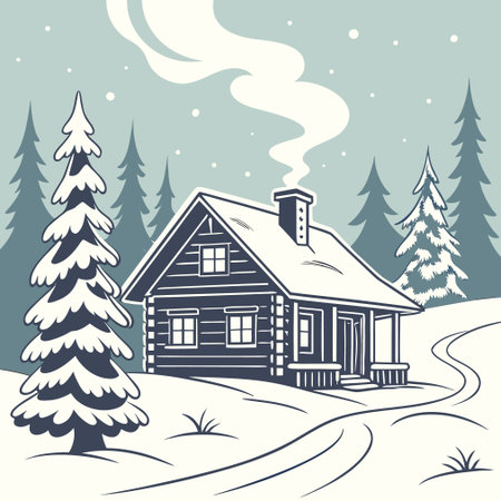 Winter landscape with a wooden house and a Christmas tree. Vector illustration.のイラスト素材