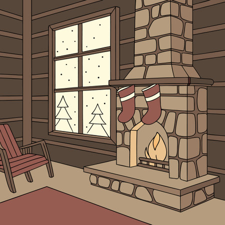 Illustration of a cozy living room with a fireplace and a chairのイラスト素材