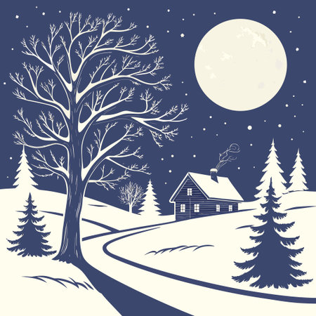 Winter landscape with house, spruce and snow. Vector illustration.のイラスト素材