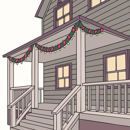 Vector illustration of a wooden house with garlands and garlands.のイラスト素材