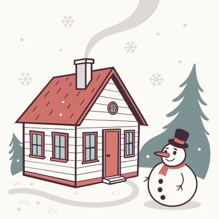 Vector illustration of snowman in front of a house in winter.のイラスト素材