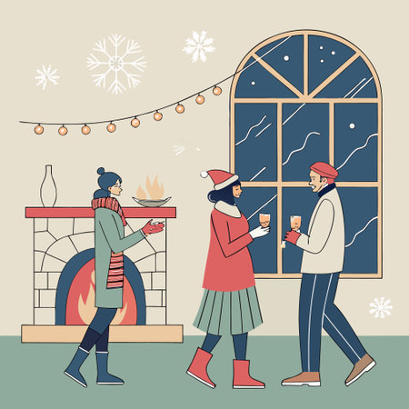 Vector illustration of a happy family celebrating New Year at home. Man and woman in winter clothes drinking Champagne.のイラスト素材
