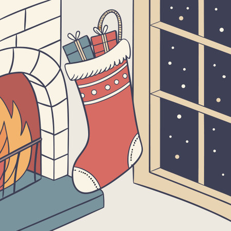 Vector illustration of a decorated fireplace with a Christmas stocking and gifts.のイラスト素材