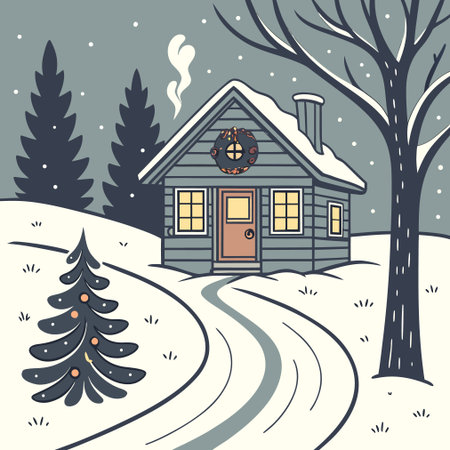 Winter rural landscape with house and christmas tree. Vector illustration.のイラスト素材