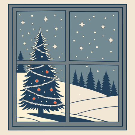 Vector illustration of a window with a silhouette of a Christmas tree.のイラスト素材