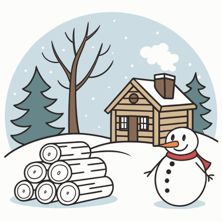 Snowman with wooden house and snowdrift. Vector illustration.のイラスト素材