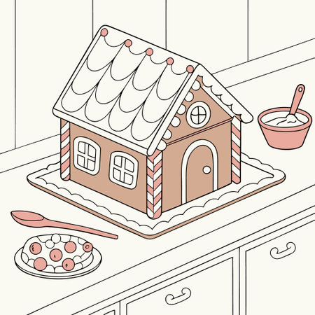Vector illustration of a gingerbread house on the kitchen table in doodle style.のイラスト素材