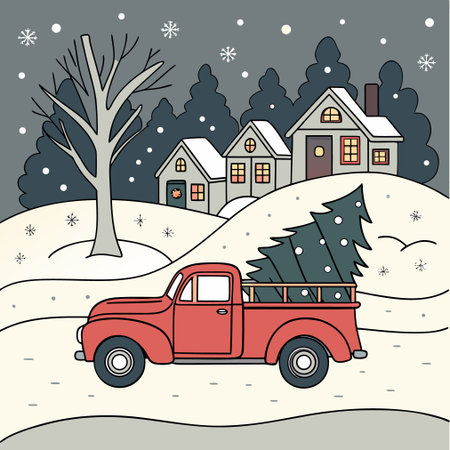 Vintage red pickup truck with Christmas tree in the winter village. Vector illustration.のイラスト素材