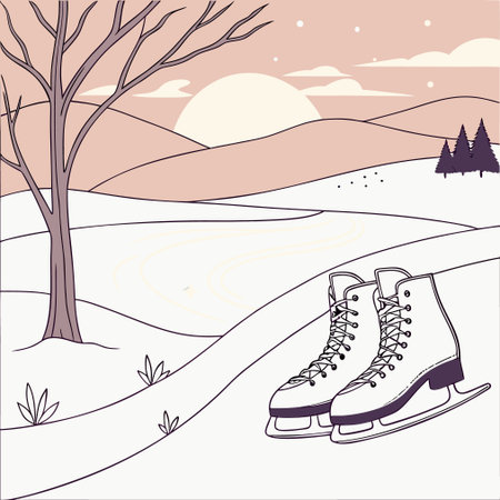 Winter landscape with ice skates. Vector illustration in sketch style.のイラスト素材